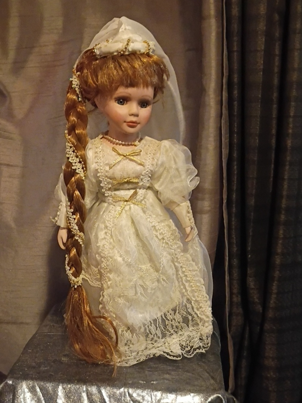 Vintage-Style White Lace Princess Doll with Long Red-Brown Braid